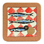 Korkowa podstawka z płytką ceramiczną 15x15cm  kolekcjaTOALHA - Sardynki na czerwonym obrusie
